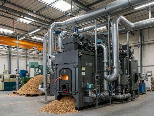 Industrial biomass boiler being fed with wood fuel